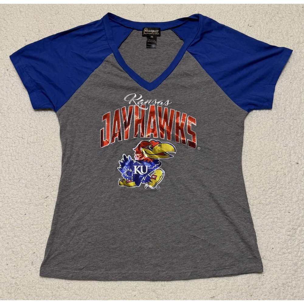 Gameday Couture Womens Kansas Jayhawks Sequin Graphic T-shirt Gray Raglan M